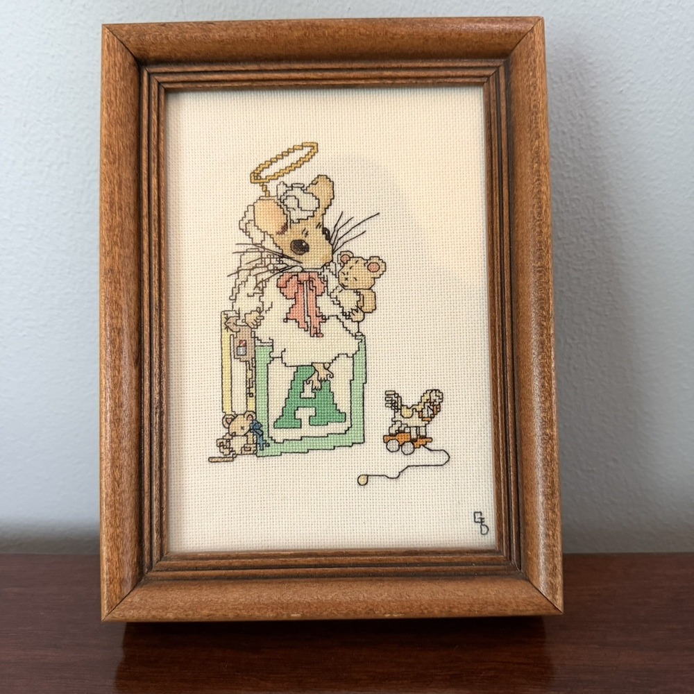Vintage Cross Stitch "Baby" Mouse 8x6 Framed Nursery Art COTTAGECORE Grandma